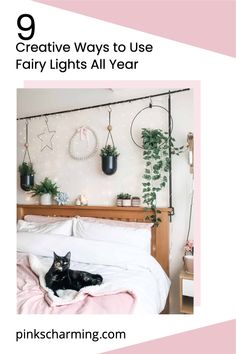 a black cat laying on top of a bed next to a wall with hanging plants