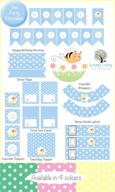 a blue and yellow baby shower party printables set with bees, flowers, polka dots