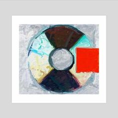 an abstract painting with a cd in it's center and a red square on the disc