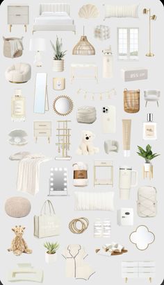 a collage of white furniture and accessories