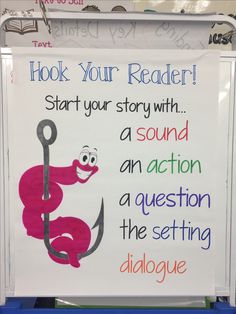 a sign that reads hook your reader start your story with a sound an action question the setting dialogue