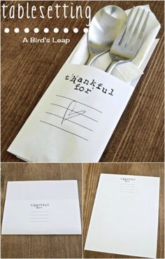 a napkin with a fork and knife on it sitting next to a paper that says table setting