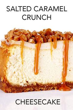 a piece of cheesecake with caramel drizzled on it's side