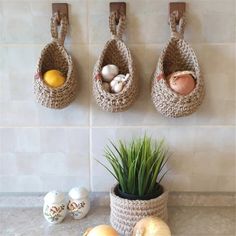 three crocheted baskets hanging on the wall with eggs and onions in them next to some plants