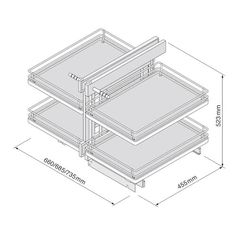 the drawing shows an open drawer with two drawers on each side and measurements for each drawer