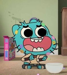 a cartoon character standing in front of a box with confetti on the floor