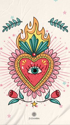 a heart with an all seeing eye on it and flowers in the middle, surrounded by stars