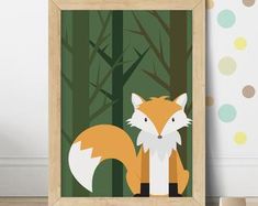 a framed print of a fox in the woods with polka dots on the wall behind it