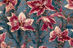 a blue and pink floral wallpaper with large flowers on the left side, in an ornate pattern