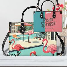 My handbag designs are truly unique and born from original creative vision. Anyone attempting to mimic my style is simply a mimic. Recently featured in both the summer and fall editions of Atomic Ranch and included in their Mid Century Modern trusted resource guide, it's clear they recognize the true original brand.  Add a touch of nostalgia to your wardrobe with our 50s Flamingo Bag. This Palm Springs California inspired purse is kitschy, yet stylish, perfect for any occasion. With its shoulder Fun Bags For Everyday Use In Spring, Fun Everyday Use Spring Bag, Retro Pink Bags For Summer, Retro Pink Summer Bags, Retro Vacation Tote Bag, Retro Tote Bag For Vacation, Retro Summer Bags With Detachable Handle, Retro Summer Bag With Detachable Handle, Vintage Summer Bag With Detachable Strap