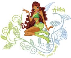 a cartoon fairy sitting on top of a leafy plant with her arms out and legs crossed