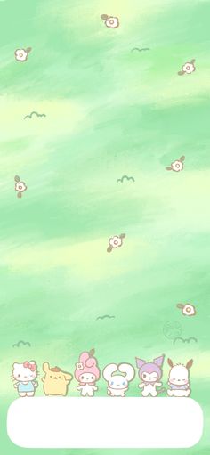 some little animals are standing in front of a green wall with flowers and clouds on it