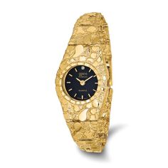 10k yellow gold ladies nugget watch. Features 10k yellow gold case and bracelet, gold-tone hands and markers on 22mm black dial, stainless steel case back, Seiko or Geneve quartz movement. Comes with water resistant, mineral crystal, 1 year limited warranty and fold over catch clasp. Watch band measures approximately 7"L x 1/2"W. Yellow Watches, Fancy Watches, Fossil Watch, Poly Bags, Gold Case, Black Watch, Stainless Steel Watch, Fold Over, Gold Material