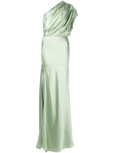 side-slit one-shoulder gown from MICHELLE MASON featuring side slit, open back, one-shoulder, sleeveless, long length, sage green and silk. Sage Green Gown, Gown Green, Sequin Long Dress, Pleated Gown, Michelle Mason, Green Gown, Sleeveless Gown, One Shoulder Gown, Embellished Gown