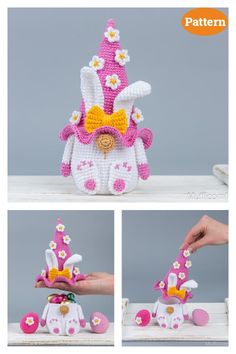 the crocheted toy has flowers on it