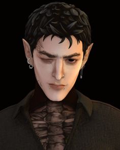 an animated image of a man with black hair and piercings on his ears, wearing a dark shirt