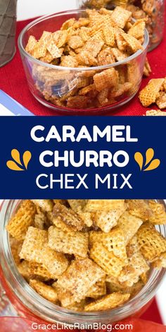 caramel churro chex mix in a glass bowl on top of a red table