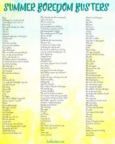 the summer boredom busters list is shown in blue and yellow ink on a white background