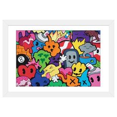 an abstract painting with lots of different colors and shapes, including cartoon characters on it