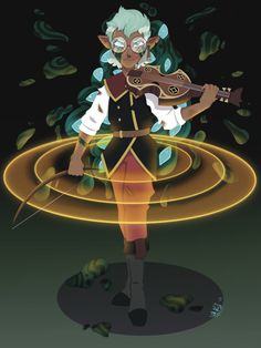 an animated character holding a guitar standing in front of a circle