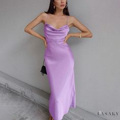 Lasaky - Sleeveless V-Neck Spaghetti Strap Dress in Solid Color with Bodycon Fit Backless Long Dress, Satin Dress Long, Cowl Neck Dress, Flowy Maxi Dress, Midi Sheath Dress, Midi Dress Summer, Satin Midi Dress, Spaghetti Strap Dresses, Bandage Dress