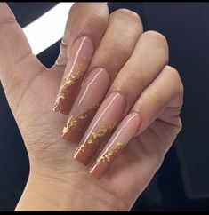 Natural Acrylic Nails With Design, Gold Flake Nails, Nail Designs Ombre, Holographic Nail Designs, Nails With Rhinestones, Nails With Design, Natural Acrylic, Acrylic Nails Nude, Brown Acrylic Nails