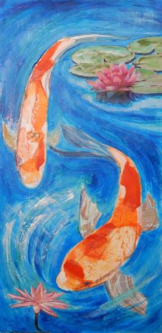 a painting of two koi fish in the water with lily pads on it's surface