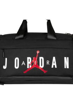 Whether you need a way to haul your gear to the game or you need a spacious overnight bag, this duffle from Nike has you covered. The main zippered compartment has an interior zip pocket and media organizer to help you keep smaller items in their place, and there is a shoe garage on the side to keep things clean. | Kids Air Jordan Duffle Bag, Black, Small Black Travel Bag With Zipper For Outdoor, Black Travel Bag For Outdoor Use, Functional Black Sports Duffle Bag, Functional Black Duffle Bag For Sports, Black Sporty Travel Accessories For Outdoor, Black Sporty Outdoor Travel Accessories, Practical Black Backpack Luggage, Sporty Bags With Ykk Zipper For Outdoor Activities, Sporty Black Rectangular Travel Accessories