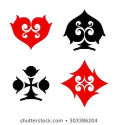 four different types of playing cards in red, black and white colors on a white background