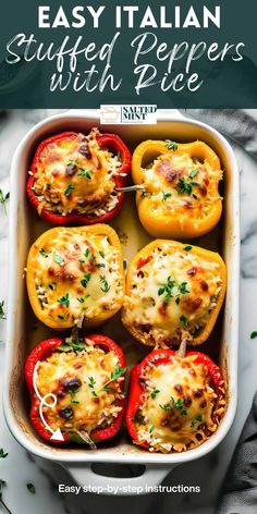 an easy italian stuffed peppers with rice in a casserole dish