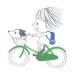 a drawing of a child riding a bike with a dog