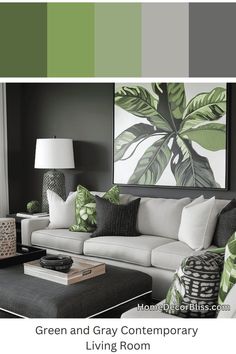 Enhance your living space with this inspiring combination of green botanical prints and a sophisticated gray color scheme. Featuring elegant throw pillows and a stunning leaf artwork, this image captures the essence of a modern and stylish living room. Explore more contemporary living room ideas on our page.