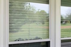 two windows with blinds on each side and grass in the backround behind them