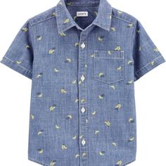 A Classic Button-Front Never Goes Out Of Style! With A Front Pocket And Allover Bananas, This Chambray Shirt Is A Year Round Favorite. Features: - Pre-Washed For Softness - Short Sleeves - Button-Front Design - Front Pocket Fabric & Care: - 100% Cotton - Imported - Machine Washable Short Sleeve Shirt With Button Closure For Playtime, Cotton Button-up Tops For Playtime, Cotton Tops With Button Closure For Playtime, Blue Tops With Buttons For Playtime, Fitted Casual Shirt For Playtime, Playful Summer Tops With Button Closure, Summer Playtime Tops With Buttons, Blue Button-up Tops For Playtime, Fitted Tops With Buttons For Playtime