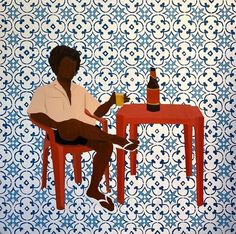 a painting of a person sitting at a table with a bottle of wine on it