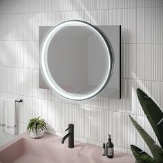 a bathroom sink with a mirror above it and a plant in the corner next to it