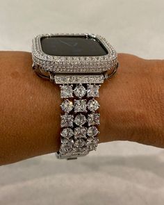 Bling Hand Made Apple Watch Band Style Replacement. Fits the Apple Watch available for sizes 38,40,42 and 44mm in series 1,2,3,4,5,6 or SE Men's & Women's. This is a custom design made to fit the Apple Watch, it is not a brand copy. Luxury Silver Apple Watch Band Women with Hand Set Princess & Round RHINESTONE Crystals & or 18K White Gold Plated Case Cover Bezel 2.5mm hand set lab diamonds. Hand-made plated rhinestone, Large square princess and round cut precise fitting and super bling effect Si Apple Watch Cover, Bling Watch, Custom Apple Watch Bands, Apple Watch Bands Women, Gold Apple Watch, Silver Bling, Ceramic Watch, Gold Apple, Apple Watch Case