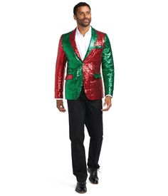 Modestly dressed men rarely make history. That’s simply a fact, and we’re keeping you out of that group in the Red and Green Blazer. Because if you’re invited to a holiday function, you better do right by it – and that means stepping out in the most sensational red and green the North Pole hasn’t even seen. This color blocked blazer leaves zero room for questioning; you’re here for the Christmas party. Casino Holiday Party, Modestly Dressed, Christmas Blazer, Sequin Blazer, The North Pole, Green Blazer, Green Sequins, Christmas Men