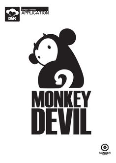 the monkey devil logo is shown in black and white, as well as an image of a