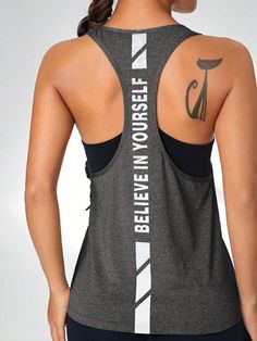 Women's Letter Print Round Neck Gym Tank Top Dark Grey   Sleeveless Fabric Colorblock,Letter,Slogan  High Stretch  Women Activewear, size features are:Bust: ,Length: ,Sleeve Length: Crew Neck Gym Tank Top With Letter Print, Stretch Letter Print Tank Top For Gym, Sleeveless Graphic Gym Tops, Racerback Tank Top With Letter Print For Workout, Workout Tank Top With Letter Print, Gym Tanks, Gym Tank Tops, Women Sports, Sports Tees