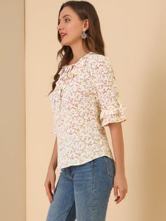 Shop Allegra K for ruffled tie neck floral ruffle half sleeve chiffon blouse you are looking for, get more women's blouses for yourelf. Order now! Free Returns! Spring Chiffon Blouse With Tie Neck, Spring Chiffon Tie Neck Blouse, Elegant Ruffle Sleeve Blouse With Floral Print, Elegant Ruffle Sleeve Floral Print Blouse, Elegant Blouse With Floral Print And Ruffle Sleeves, White Floral Print Chiffon Tops, White Chiffon Top With Floral Print, Spring Chiffon Blouse With Ruffled Collar, White Tops With Floral Print And Ruffled Collar