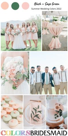 a collage of photos with pink, green and white wedding colors in the background