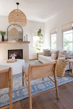 a living room filled with furniture and a fire place in the middle of a room