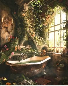 a bathtub with moss growing on the wall next to an open window in a bathroom