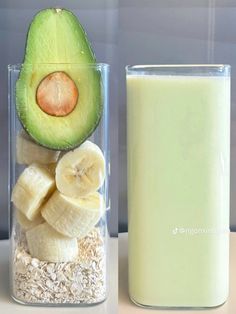 an avocado, banana, and oatmeal in a glass container