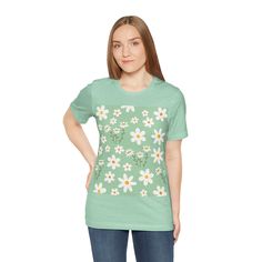 Mint Daisy Delight T - Shirt - T - Shirt - Kristine Celestine Green Casual T-shirt For Spring, Light Green Short Sleeve Tops For Spring, Casual T-shirt With Daisy Print For Spring, Summer Green Daisy Print Top, Green Daisy Print Summer Top, Green Daisy Print Top For Summer, Light Green Short Sleeve Cotton Top, Light Green Cotton Short Sleeve Top, Spring Daisy Print Cotton Tops