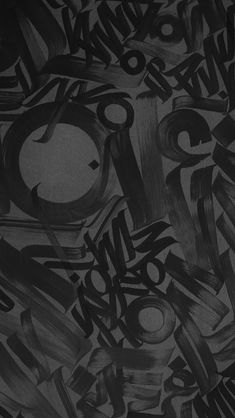 an abstract black and white painting with letters