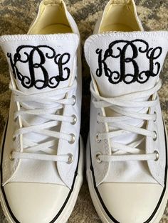 Embroidered Platform Converse.  These are real converse with the built in platform! Getting Married?  What a great idea. This listing is for Vibe monogram on tongue of shoe with date on the side !  I will use red hearts in the date unless you specify something else.Other options available in my shop!!I can add ribbon laces for $15 extra Or sequin bows to the back god $10 extra. Message me to request an invoice Wear these at your reception so your feet don't hurt. You can do white or Black. You c Bride Sneakers, Embroidered Sneakers, Bling Converse, Low Top Converse, Ribbon Laces, Converse Low Tops, Groom Shoes, Wedding Shoes Bride, Platform Converse