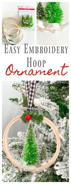 an ornament made out of yarn and wood is shown with the words easy embroidery hoop