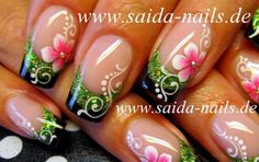 Nail Designs With Flowers, Pink Green Nails, Orchid Nails, Library Pictures, Square Nail, Square Nail Designs, Pretty Nail Art, Flower Nail Art